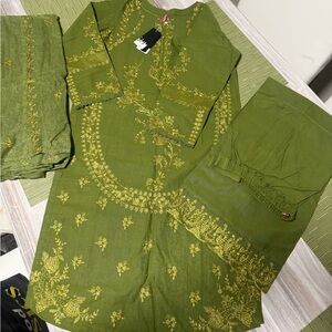 Limelight Olive Green Embroidered 3-Piece Women's Dress Set